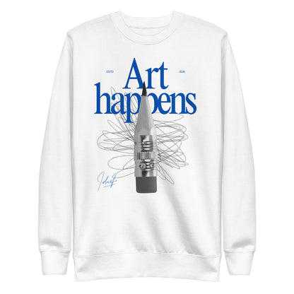White sweatshirt, front view, with blue 'Art Happens' lettering, a pencil and scribbled lines.