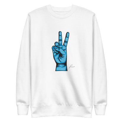 White sweatshirt with a blue hand making a peace sign, front view.