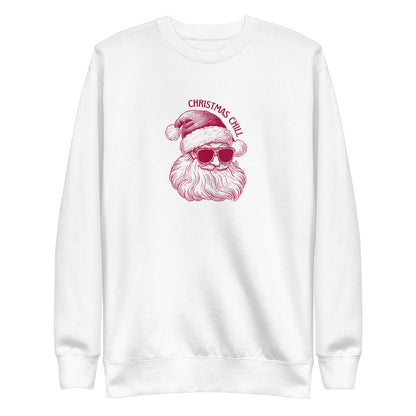 White sweatshirt, front view, with a burgundy Santa face wearing sunglasses beneath 'Christmas Chill' text.