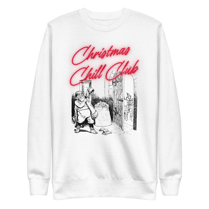White sweatshirt with red Christmas Chill Club script and Santa illustration, front view.
