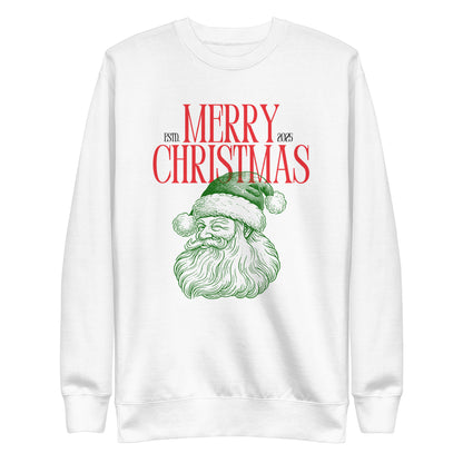 White sweatshirt, front view, with a green Santa portrait below red 'Merry Christmas' lettering and the year 2025.