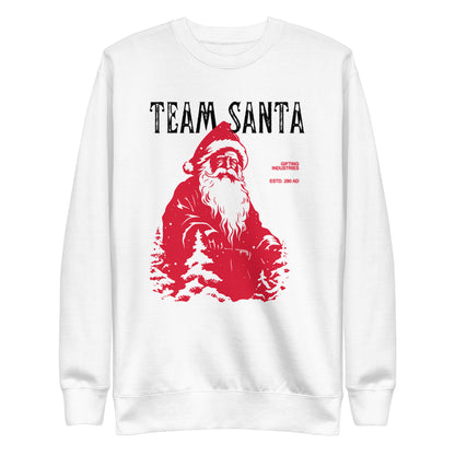 White sweatshirt with a red Santa illustration and black Team Santa text, front view.