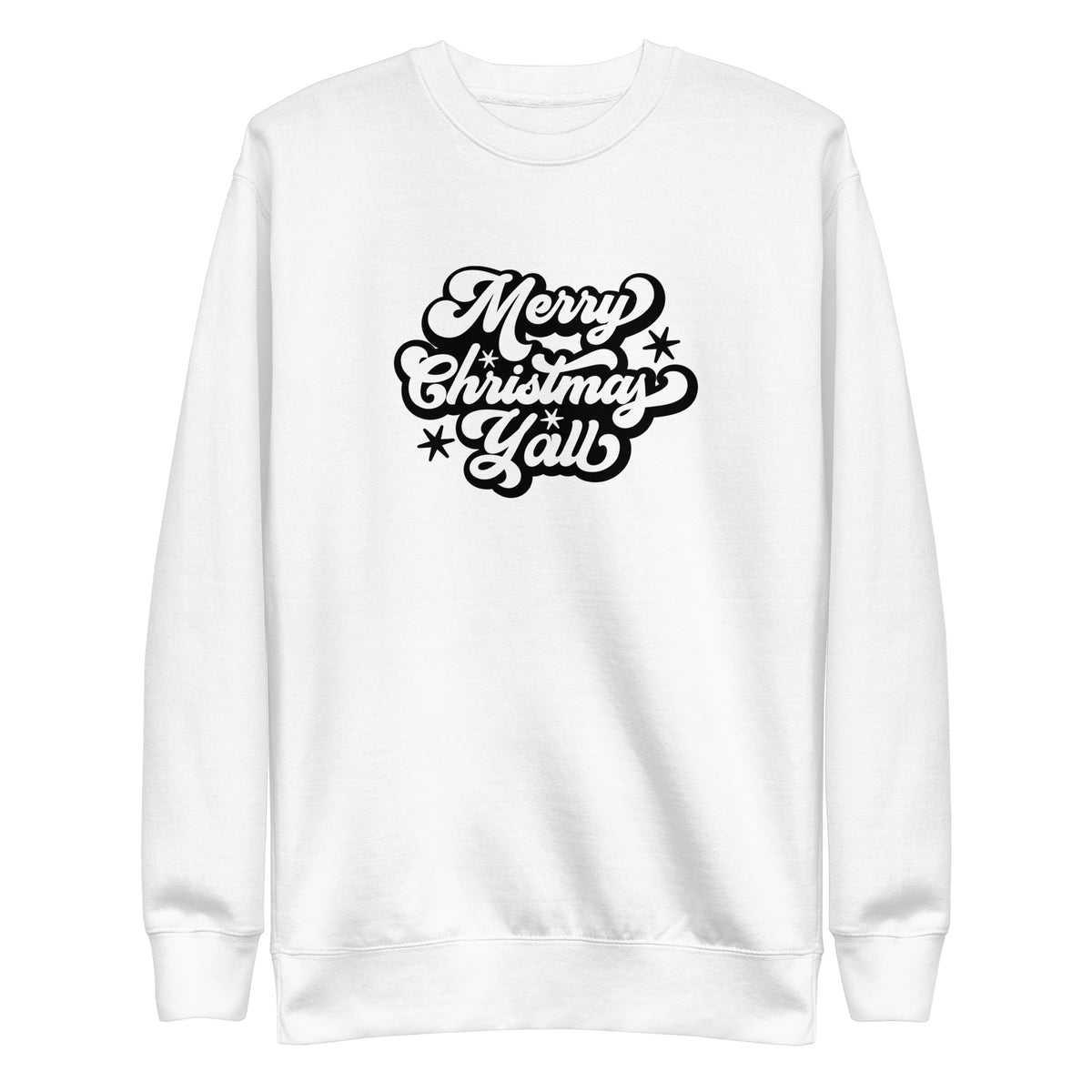 White sweatshirt, front view with black Merry Christmas Y'all script lettering.