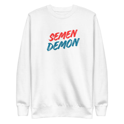 White sweatshirt, front view with red and blue Semen Demon lettering.