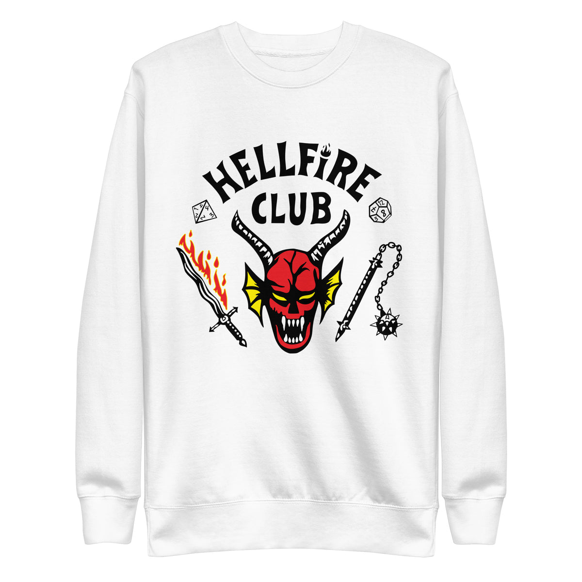 White sweatshirt with Hellfire Club lettering and a red horned-face graphic, front view.