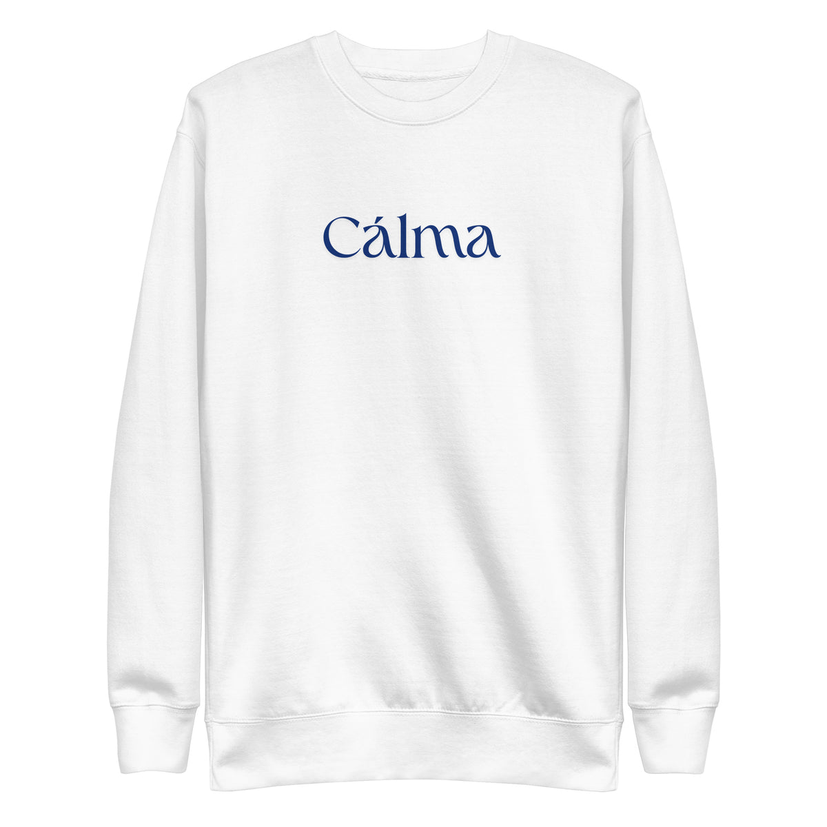 White sweatshirt, front view with blue Calma lettering.