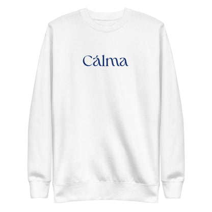 White sweatshirt, front view with blue Calma lettering.