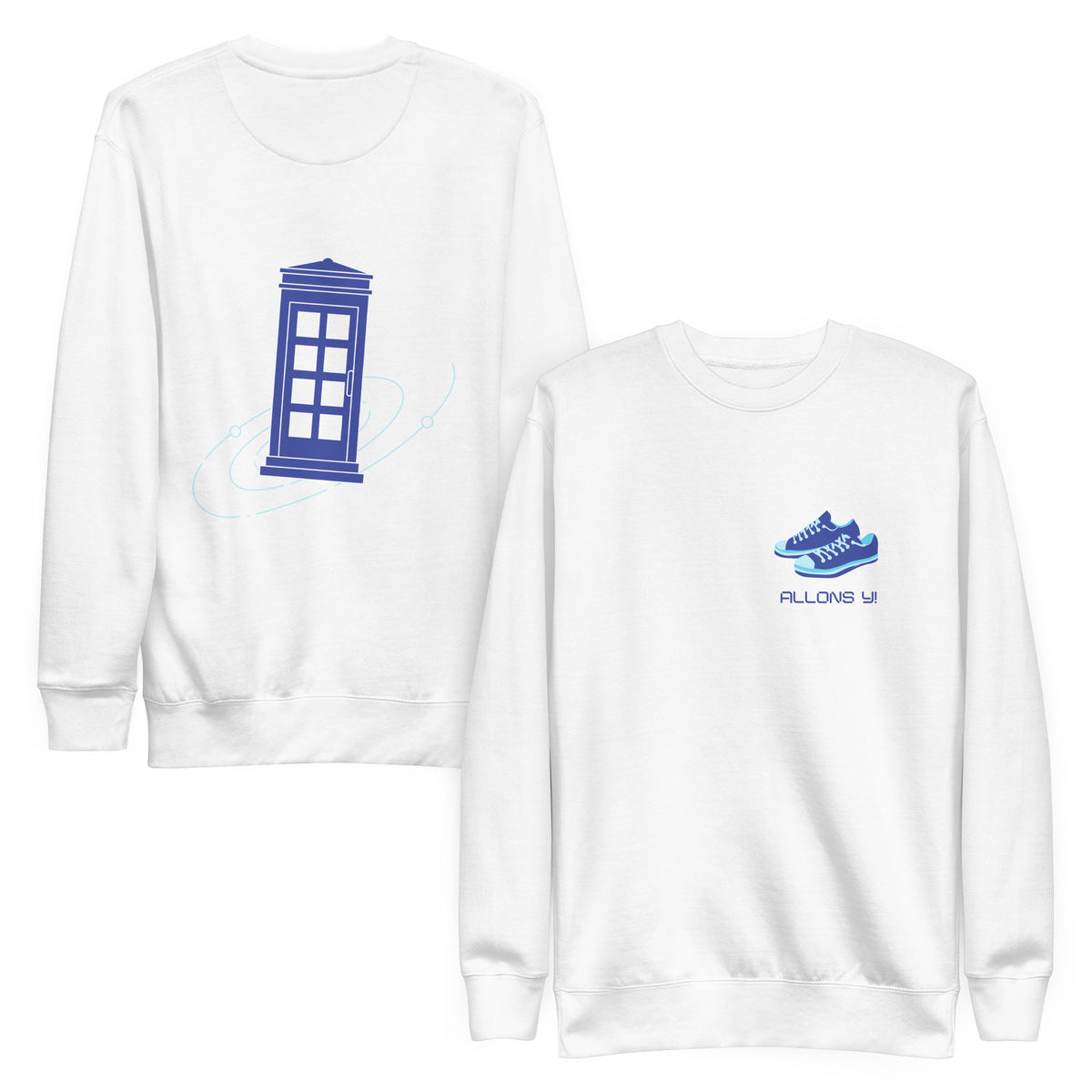 White sweatshirt, front and back views, with a blue police box on the back and blue trainers with 'Allons Y' text on the front.