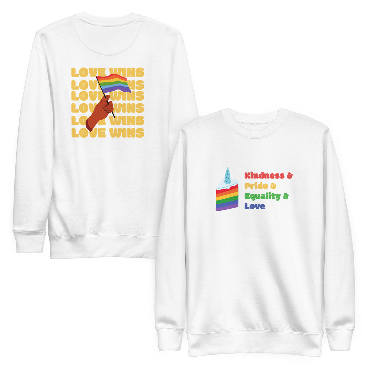White sweatshirt, front and back views, with a rainbow-striped graphic on the front and 'Love Wins' lettering on the back.