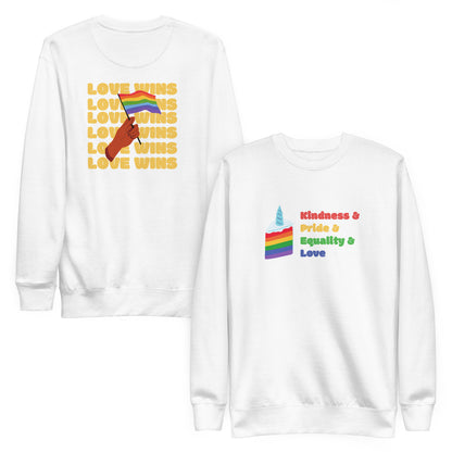White sweatshirt, front and back views, with a rainbow-striped graphic on the front and 'Love Wins' lettering on the back.